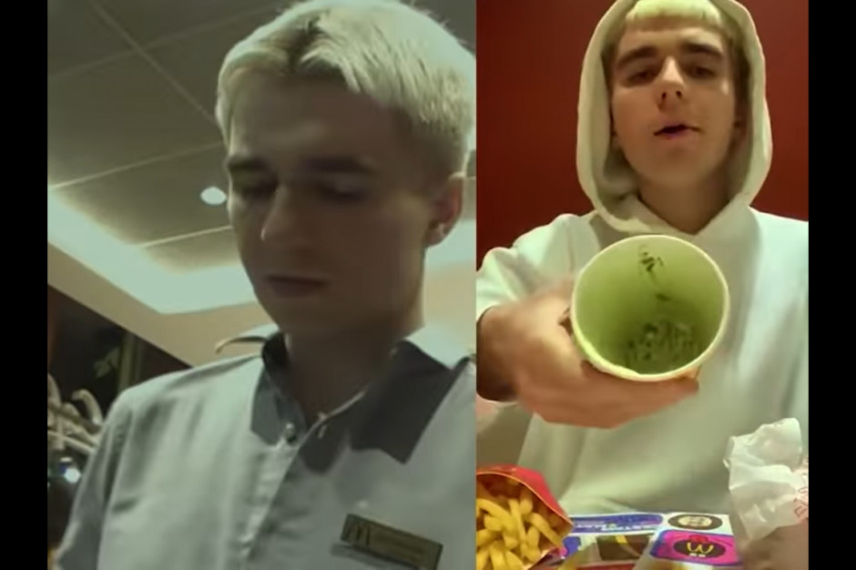 Mcd Raper's Mata w McDonald's. Raper w koszulce pracowniczej dziękuje za współpracę